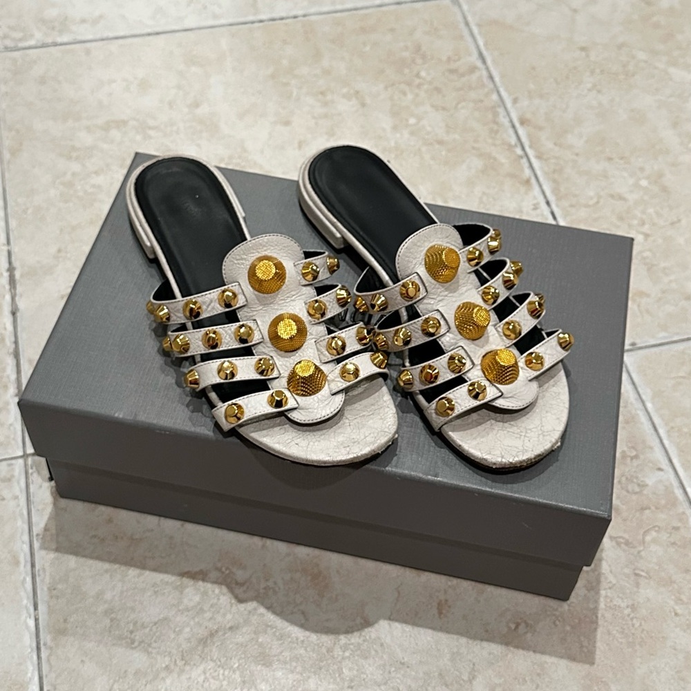 Balenciaga White Leather Giant Gold Stud Sandals Size 37.5